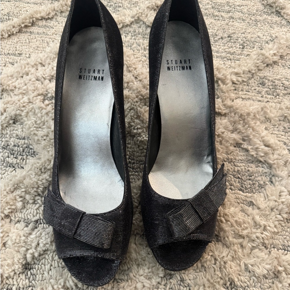 Stuart Weitzman Glittering Black Bow Peeptoe Heels